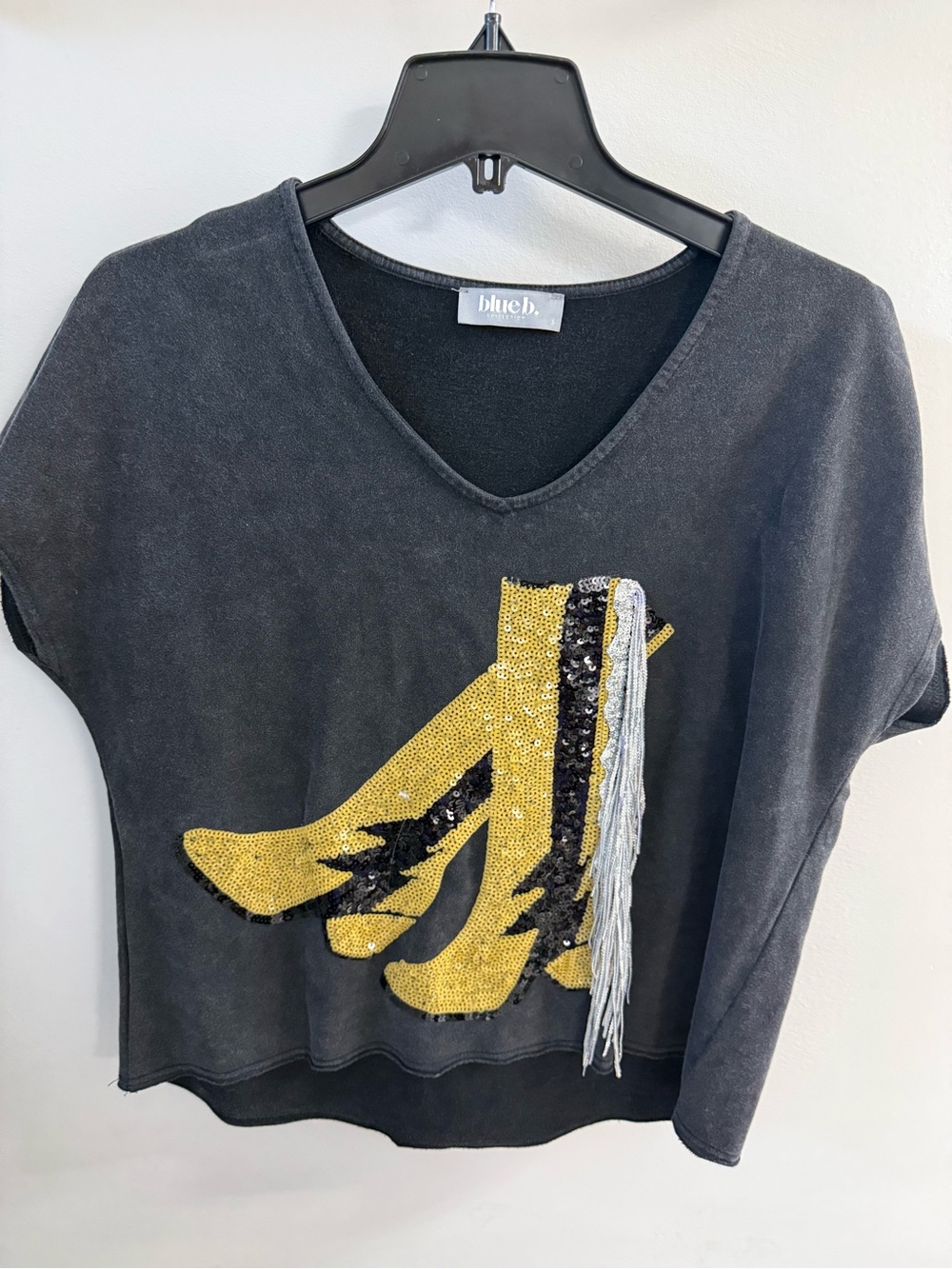 blue b. Black Sequin Boot Graphic Crop Top with Yellow Accent